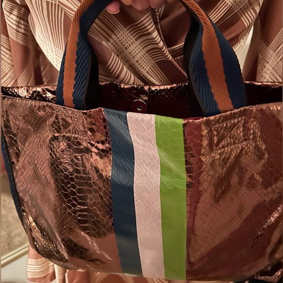 Son Jung Wan in a bronze reptile print, with a canvas strap in brown/navy. NWOT - Picture 2 of 6